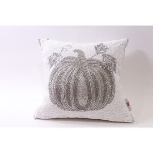Harvest Moon, Pumpkin, Throw Pillow, Beaded, White Silver, ~ 251227-WH 830